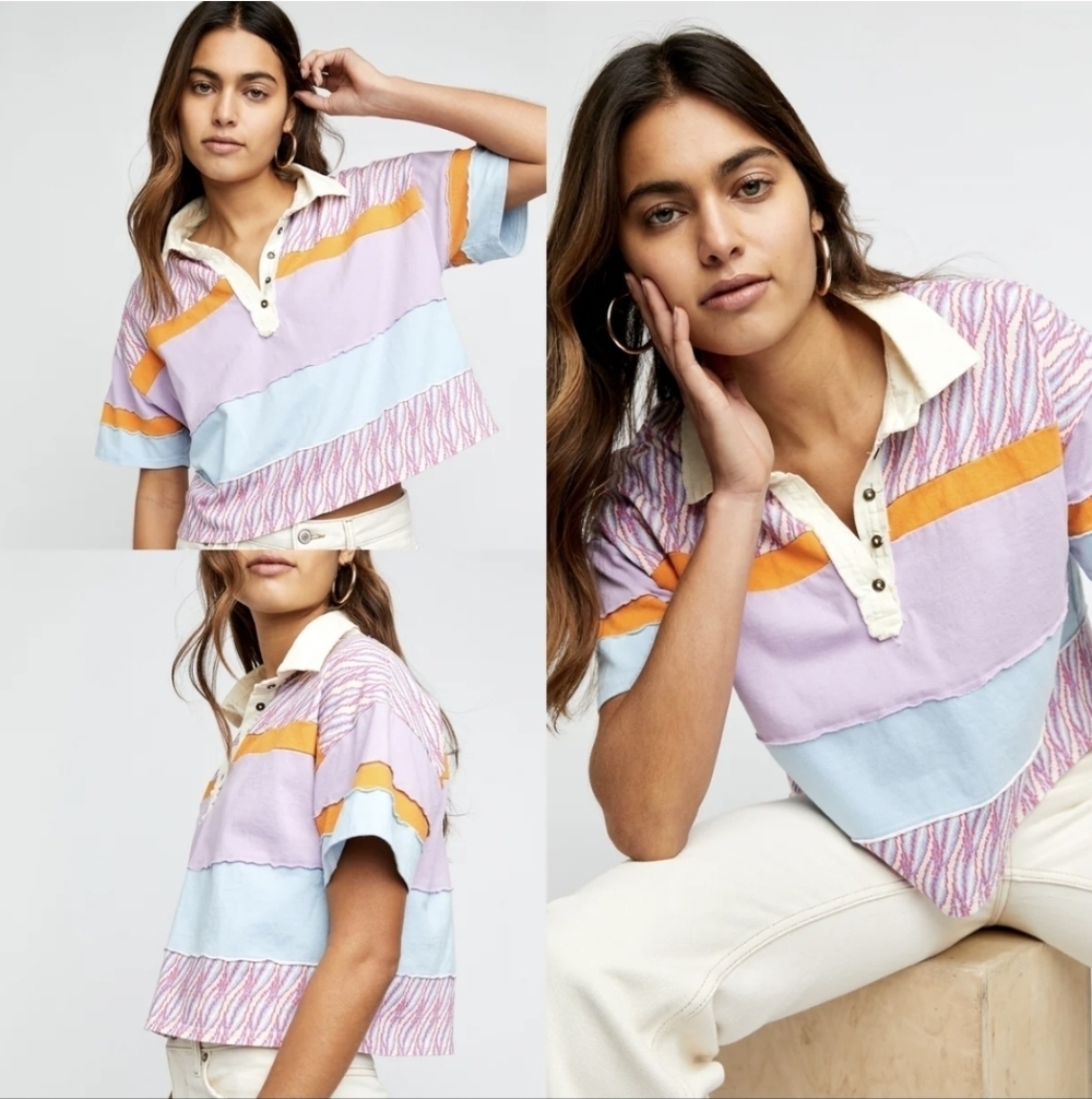 Free People Mix Print Bella Collar Henley Tee Cropped Top S